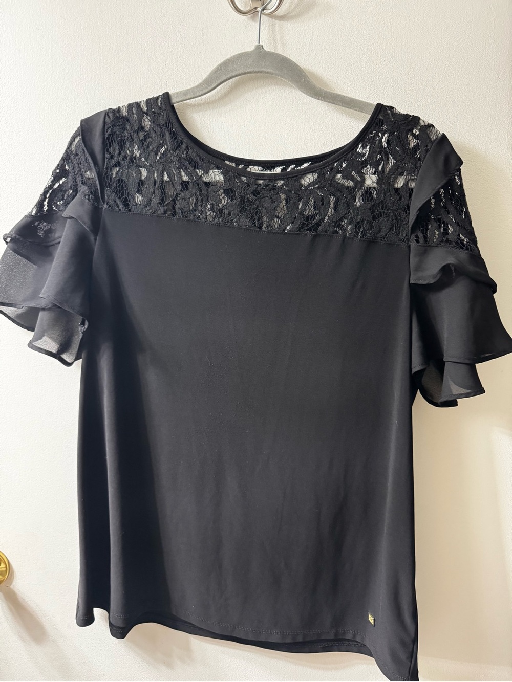 Anne Klein Black Lace Yoke Ruffle Sleeve Women's Top